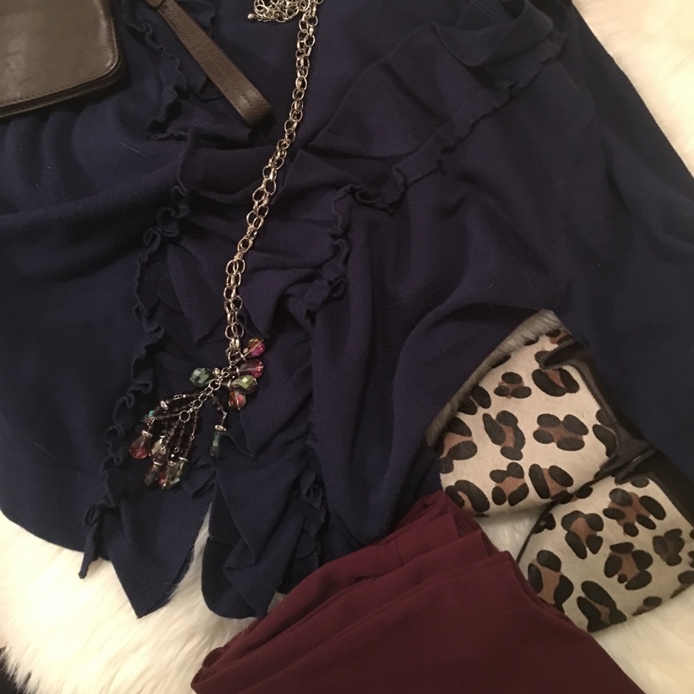 Navy blue ruffled cardigan sweater